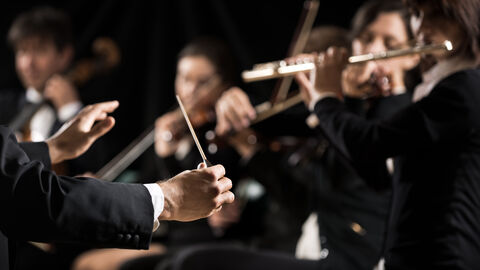 Von links eine Hand mit Dirigentenstab, im Hintergrund sitzt ein Orchester und spielt.