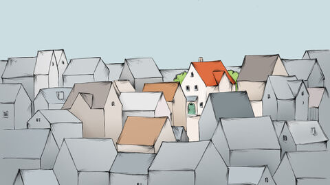 Illustrierte graue Häuser, Fokus auf eines mit rotem Dach und mehr Farbe