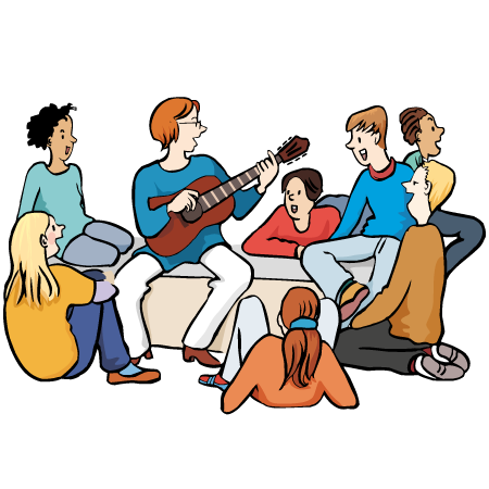 eine Gruppe von jungen Leuten singt zur Gitarre